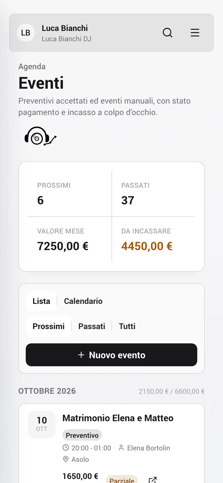 Agenda di GigFlow su mobile: eventi prossimi e passati, valore del mese, importo da incassare e primo evento con pagamento parziale