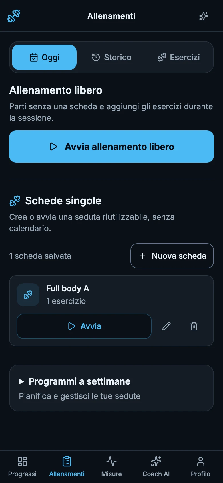 LogMetrics su mobile: avvio allenamento libero, scheda salvata e programmi a settimane