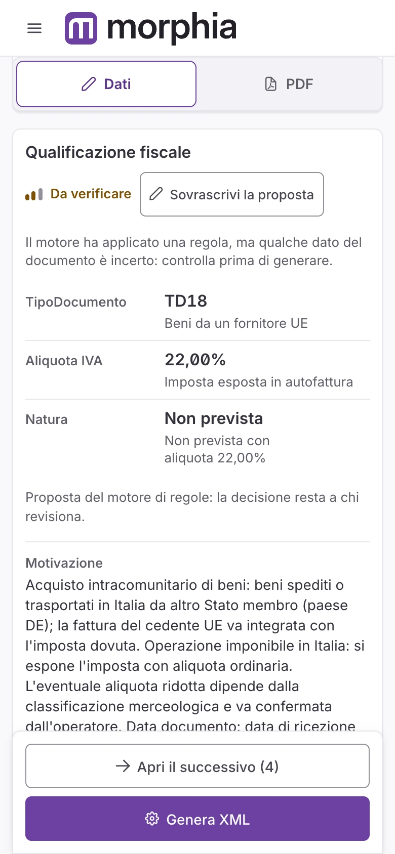 Morphia su mobile: qualificazione TD18 con motivazione e pulsante Genera XML